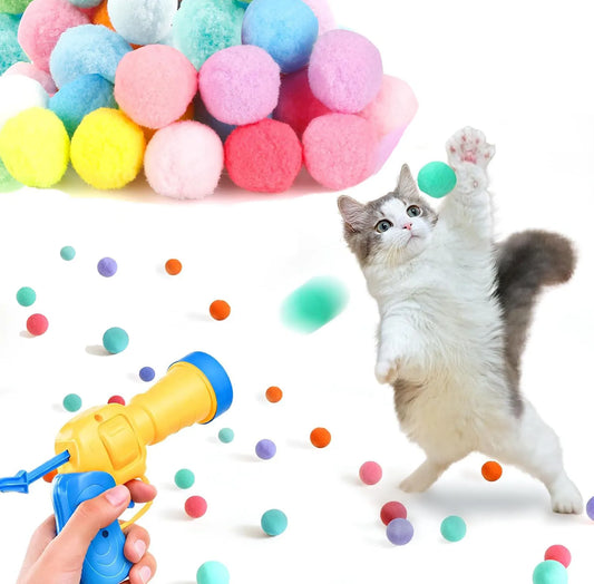 Cat Ball Launcher Gun Interactive Toy for Indoor Cats with Plush Pom Pom Balls Training Kitten Play Fetch Game Pet Supplies