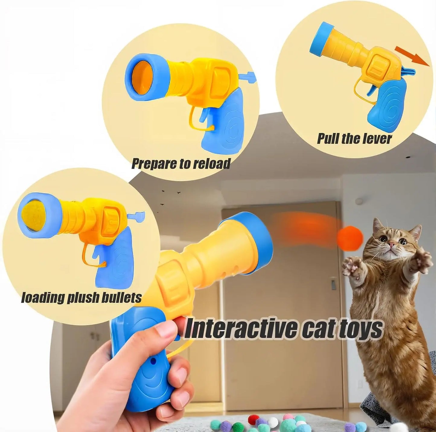 Cat Ball Launcher Gun Interactive Toy for Indoor Cats with Plush Pom Pom Balls Training Kitten Play Fetch Game Pet Supplies